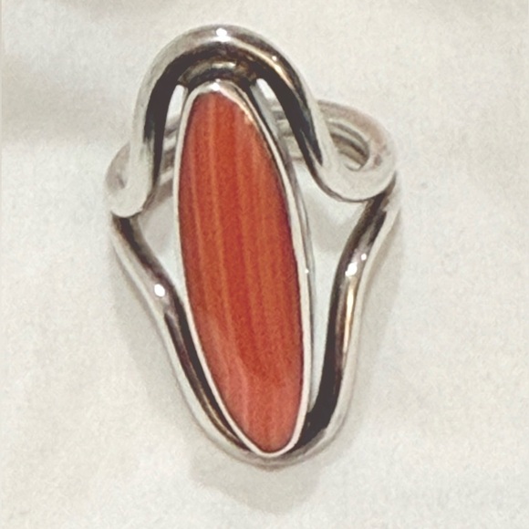 Elegant Vintage 925 Silver and Pink Coral Marquis Cabochon Ring sz 8